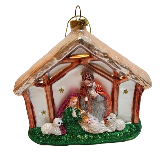 NATIVITY Glass Christmas Ornament Mary Joseph Baby Jesus Manager Religious Xmas - Picture 1 of 5